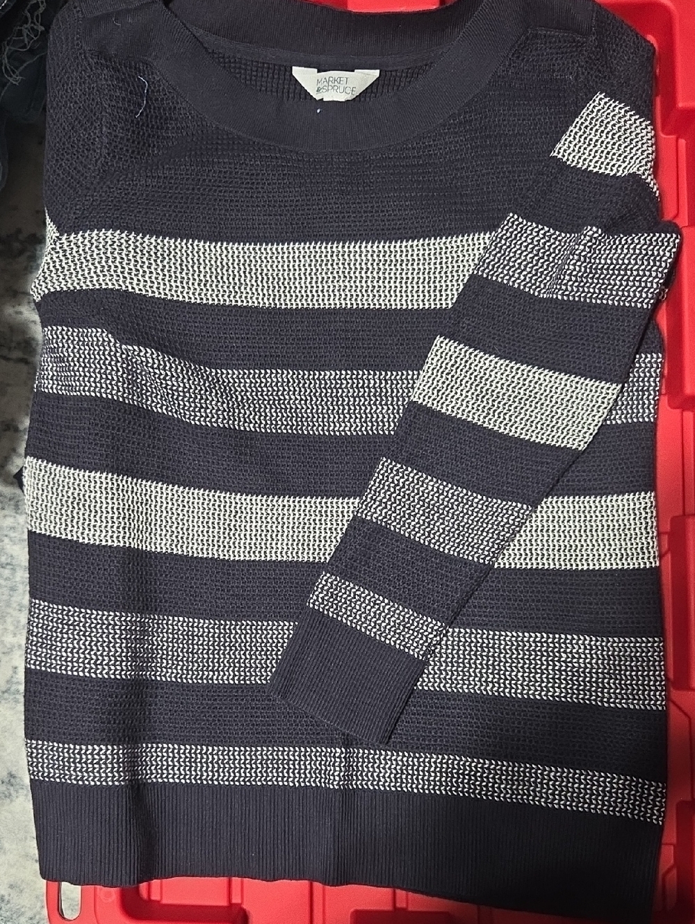 Market & Spruce Navy and White Striped Crewneck Sweater